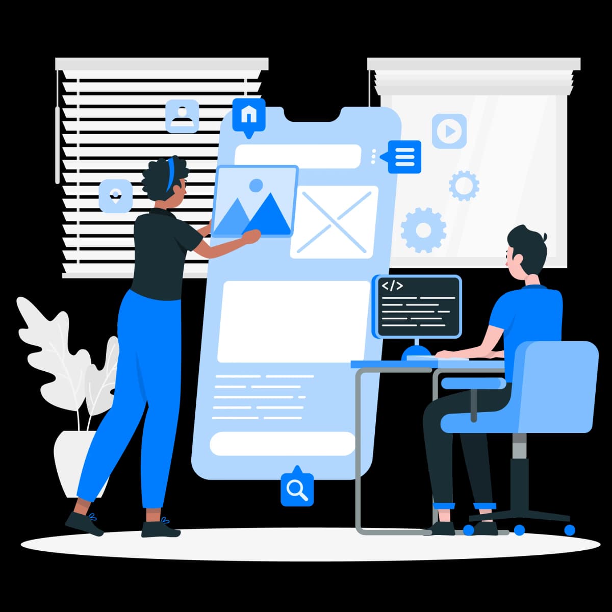 Equipo trabajando en el diseño de interfaces y desarrollo de aplicaciones.